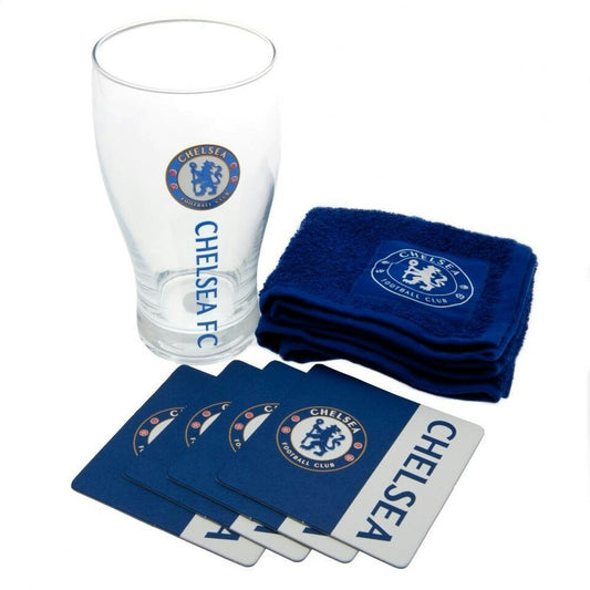 chelsea fc mini bar set - pint glass, coasters, bar towel