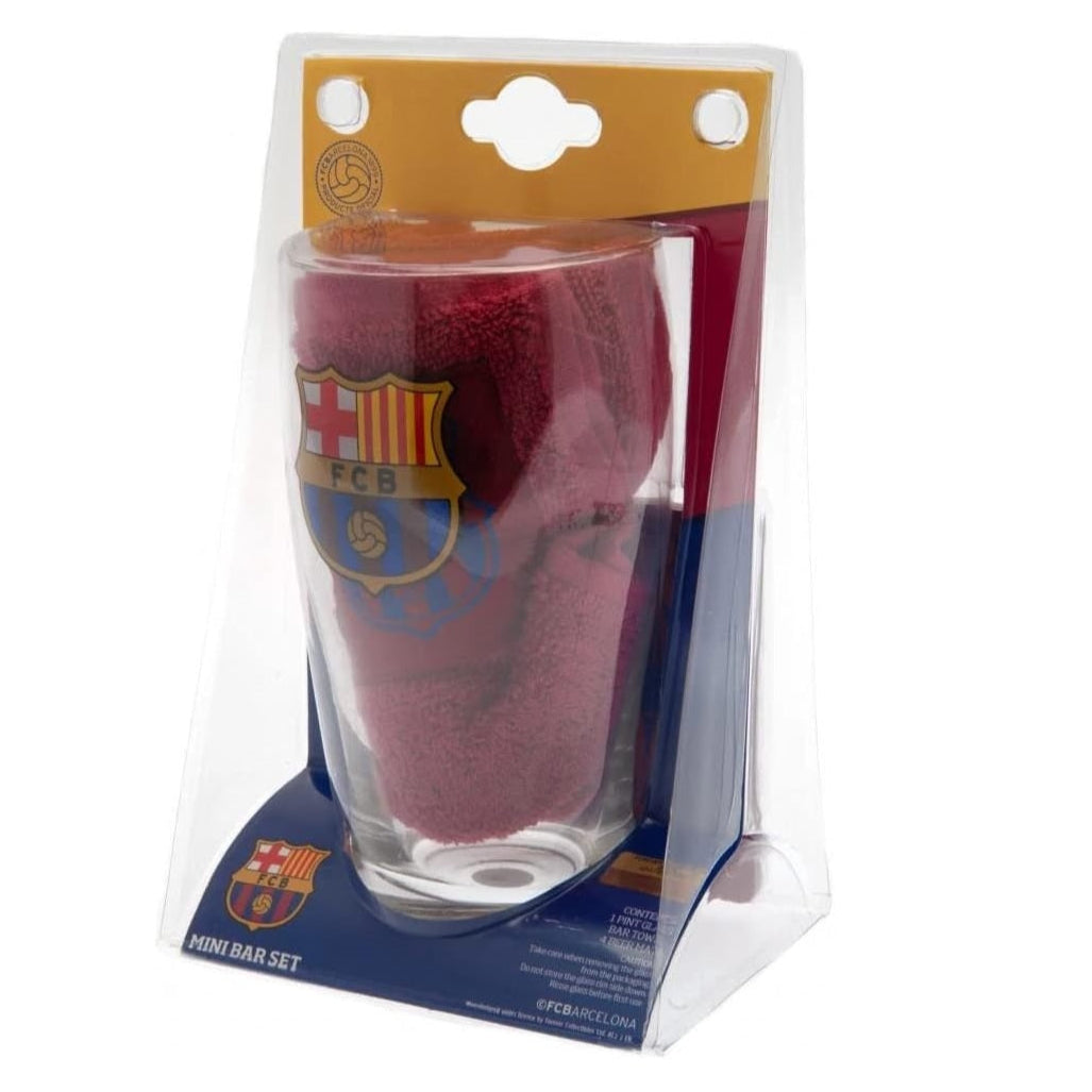 barcelona fc mini bar set (pint glass, beer mats, bar towel)