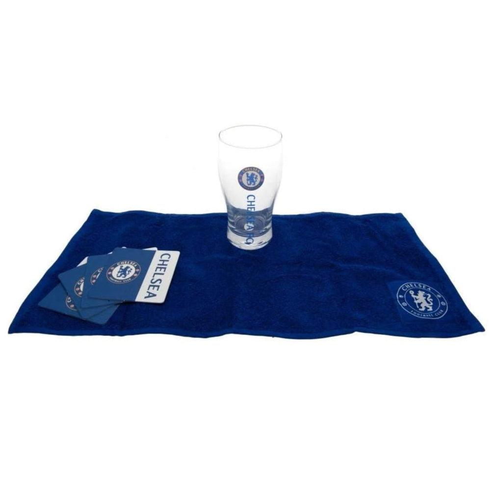 chelsea fc mini bar set - pint glass, coasters, bar towel