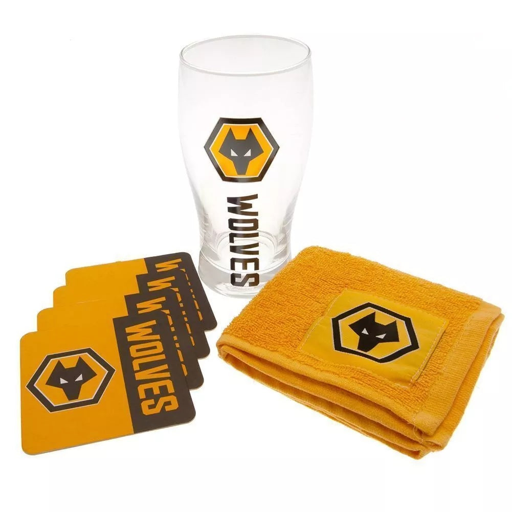 wolverhampton wanderers fc mini bar set (pint glass, beer mats, bar towel)