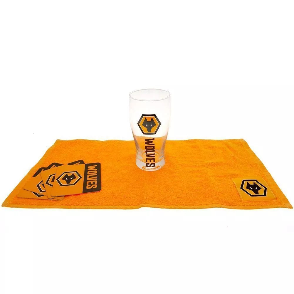 wolverhampton wanderers fc mini bar set (pint glass, beer mats, bar towel)