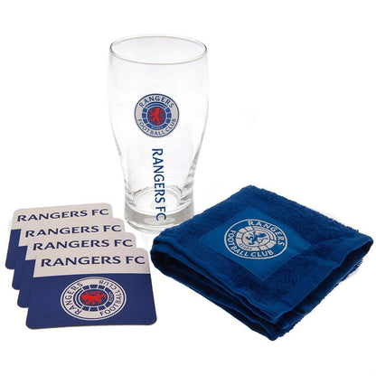 rangers fc mini bar set (pint glass, beer mats, bar towel)