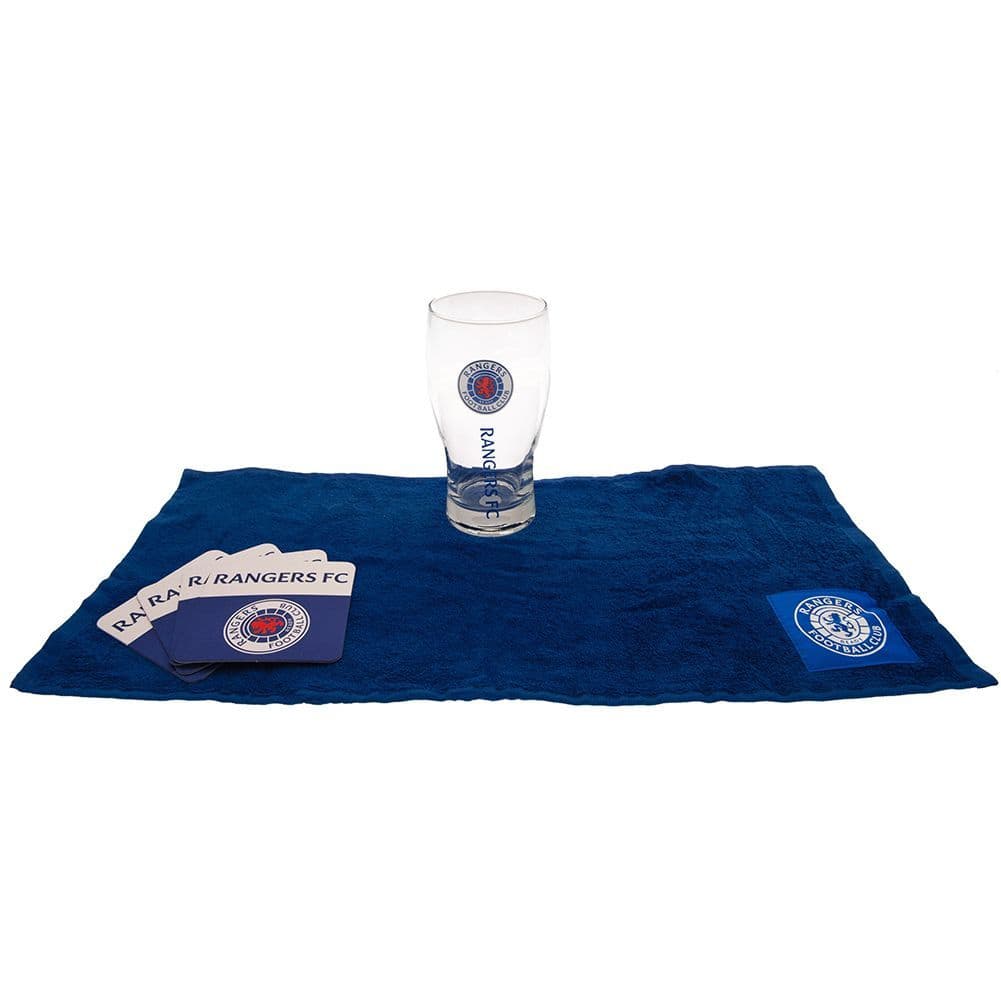 rangers fc mini bar set (pint glass, beer mats, bar towel)
